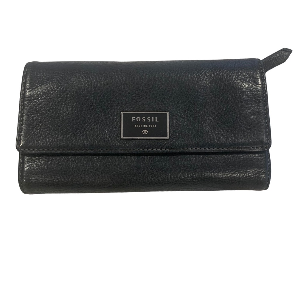 Fossil Dawson Black Pebbled Leather Fold Over Multi-pocket Clutch Wallet